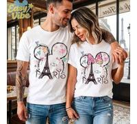 Disney Paar T-Shirts aus reiner Baumwolle, Aquarell-Print mit Eiffelturm, Luftballons und Paris-Schrift, komfortable Kurzarmtees für Paris-Reise