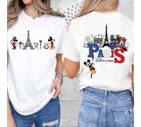 Disney Paris Eiffelturm Mickey Minnie Doppelseitiges Baumwoll-T-Shirt, Männer Frauen Urlaub Grafik Tee