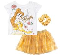Disney Princess Belle Big Girls T-Shirt Tutu Skirt Scrunchy Set Yellow/White 7-8
