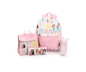 Disney Prinzessin Cinderella Belle Ariel Rosa 4-teiliges Rucksack-Set | Lunchtasche, Federmäppchen & Trinkflasche | Schultasche für Mädchen