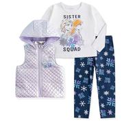 Disney Prinzessin Minnie Mouse Frozen Elsa Anna Mädchen Langarmshirt, Weste und Leggings Hose Set für Kleinkinder und kleine Kinder, violett / weiß, 4 Jahre