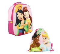 Disney Prinzessin Rucksack und Turnbeutel für Mädchen, Design Mulan Ariel Aschenputtel und Tiana Kinderschulrucksack, Reiserucksack, Kindergeschenk
