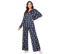 Disney Pyjama Damen S-XL, Stitch Schlafanzug Damen lang mit Knopfleiste, Schlafanzug für Damen, Geschenke (Marineblaue, XL)
