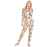 Disney Schlafanzug Damen Lang S-XL, Stitch Pyjama Damen Set, Mickey Minnie Mouse Geschenke Pyjama Damen Baumwolle (Beige Mickey, L)