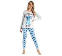 Disney Schlafanzug Damen Lang S-XL, Stitch Pyjama Damen Set, Mickey Minnie Mouse Geschenke Pyjama Damen Baumwolle(Grau/Blau Stitch, XL)