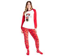 Disney Schlafanzug Damen mit Kuschelsocken Set Charaktere Stitch Geschenke Set (Weiß/Rot Minnie, L)