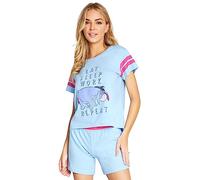 Disney Schlafanzug Damen Sommer Kurz Stitch Winnie Pooh (Blau I-Aah, XL)