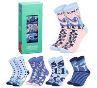 Disney Socken Damen Teenager Größe 35-41, 5er Pack Lustige Socken mit Motiv, Baumwollsocken für Zuhause Freizeit, Geschenke für Frauen (35-41 EU, Blau/Pfirsich Stitch)