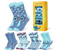 Disney Socken Damen Teenager Größe 35-41, 5er Pack Lustige Socken mit Motiv, Baumwollsocken für Zuhause Freizeit, Geschenke für Frauen (35-41 EU, Blau Stitch)