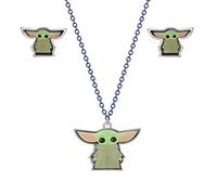Disney Star Wars Grogu Baby Yoda Schmuckset aus Messing mit grünem und braunem Emaille, verstellbare Halskette und Ohrstecker für Mädchen und Teenager, offizieller Star Wars Schmuck