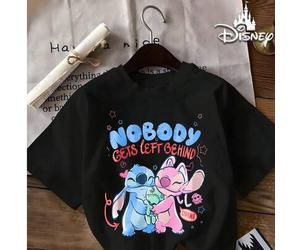 Disney Stitch & Angel Graphic T-Shirt, Premium 100% Cotton, Vintage Washed Black Tee, Adorable Character Couple Print, Unisex Regular Fit, Soft Breath