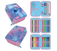 Disney Stitch Federmäppchen mit 3 Reißverschlussfächern | Federmäppchen mit 3 Fächern inklusive Stiften, Filzstiften, Lineal und Geometrie-Zubehör, lustiges Disney Stitch