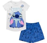 Disney Stitch Mädchen Pyjama Kurzarm, Schlafanzug, kurzer Pyjama, Schlafi, Lilo und Stitch, Baumwolle, bequem, Sommer, Nachtwäsche, Gr. 116-152 (DE/NL/SE/PL, Numerisch, 128, Regular, Weiss-Blau)