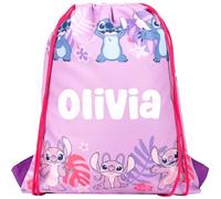 Disney Stitch Personalisierte Tasche mit Kordelzug für Kinder, PE-Beutel - Schul- oder Schwimmtasche für Mädchen - personalisiertes Merchandise für Mädchen - Rosa, rose