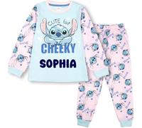 Disney Stitch personalisierter Pyjama für Kinder, 100% Baumwolle, langärmelig, Winter-PJ, weich und bequem, Geschenk für Mädchen, Pyjama-Set im Alter von 7/8 - Rosa
