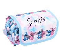 Disney Stitch Personalisiertes Federmäppchen, Batikfärbung, niedlich, personalisierbar, Schulmäppchen für Mädchen, 2 große Fächer, Schreibwarenbeutel
