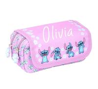 Disney Stitch Personalisiertes Federmäppchen, Lila, niedliches personalisiertes Schulmäppchen für Mädchen, 2 große Fächer, Schreibwarenbeutel, violett, Federmäppchen für die Schule