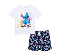 Disney Stitch Pyjama für Mädchen, 2 Teiliges Set mit 'Aloha' Design T-Shirt und Shorts, Größe 10 Jahre | Weiß