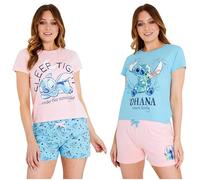 Disney Stitch Schlafanzug Damen Kurz, Sommer Pyjama 2er-Pack - Stitch Sachen (Rosa/Blau, S)