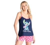 Disney Stitch Schlafanzug, Lilo and Stitch Nachtwäsche Damen Set, Loungewear Pjama Set für Damen, Cami Top und Shorts Damen Schlafanzug, Baumwolle, Stylisch Pjama Set für Damen, Marineblau/Rosa, Groß