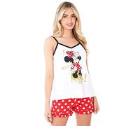 Disney Stitch Schlafanzug, Minnie und Mickey Mouse Schlafanzug Damen, Loungewear Pjama Set Für Damen, Cami Top und Schlafshorts, Baumwolle, Stylisch Geschenk Fã¼r Frauen, Weiß/Rot, Mittel