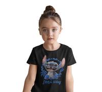 Disney Stitch Stitch Vibes Girls T-Shirt - Tropisches Graphic Tee mit blauem Blumenrahmen & Happy Alien Character - Playful Hawaiian Cartoon Style, Schwarz, 10 Jahre