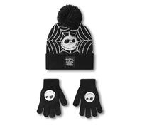 Disney The Nightmare Before Christmas Unisex-Beanie-Mütze und Handschuhe-Set | Schwarze gestrickte Wintermütze mit Jack Skellington Spinnennetz für Jungen und Mädchen | Warme Bommelmütze