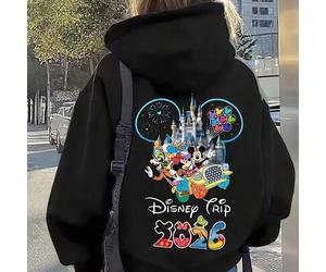 Disney women's casual hoodie, with Disney 2026 travel as the theme pattern, belongs to oversize lazy style and is suitable for street clothing style.