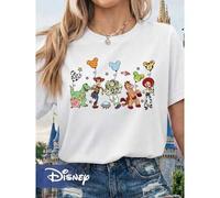 Disneyland Outfit Toy Story Characters and Mickey Balloon Print Short Sleeve T-Shirt, Cartoon Loose Fit Versatile Couple and Family Matching Round Nec