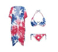 DISNIMO 3-teiliges Damen-Bikini-Set, tropischer Badeanzug, Strandtuch, Kimono, Bademode, Badeanzug-Sets, Aquarell-Batikfärbung, XS