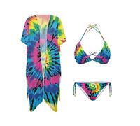 DISNIMO 3-teiliges Damen-Bikini-Set, tropischer Badeanzug, Strandtuch, Kimono, Bademode, Badeanzug-Sets, Batik, XS