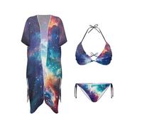 DISNIMO 3-teiliges Damen-Bikini-Set, tropischer Badeanzug, Strandtuch, Kimono, Bademode, Badeanzug-Sets, Galaxie-Nebel, S