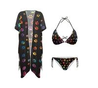 DISNIMO 3-teiliges Damen-Bikini-Set, tropischer Badeanzug, Strandtuch, Kimono, Bademode, Badeanzug-Sets, Regenbogenpfote, XL