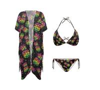 DISNIMO Tropischer Badeanzug für Damen, 3-teiliges Bikini-Set mit Kimono, Kimono, Sommer, Strand, Outfits, Ananas, L