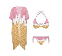 DISNIMO Tropischer Badeanzug für Damen, 3-teiliges Bikini-Set mit Kimono, Kimono, Sommer, Strand, Outfits, Rosa Eiscreme, S