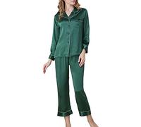 DISSA Damen Grün Einfach 100% Seide Pyjama-Set Oberteil und Capri-Hose Schlafanzug Langarm 19 Momme Seidenpyjama,M,T8002