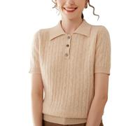 DISSA Damen Kaschmir Pullover Beige Revers Kurzarm Strickpullover Damen Kaschmir Wolle Zopfmuster Relaxed Dünner Pullover,EU 36,SH502