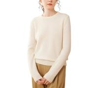 DISSA Damen Kaschmir Pullover Elfenbein Rundhals Langarm Strickpullover Damen Kaschmir Wolle Einfarbige Relaxed Dicker Pullover,EU 44,SPR2448