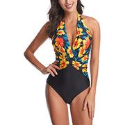 DISSA Damen Leopard Halfter Badeanzug Bademode Quick-Dry,S9041,Gelb,M