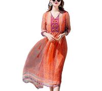 DISSA Damen Orange Seidenkleid Bedrucktes V-Ausschnitt Kurzarm 100% Seide Kleid Luftiges Elastische Taillen Gürtel Knielanges Mulberry Seidenkleid,EU 44,D9926
