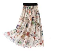 DISSA Damen Seidenrock Midi Elastischer Bund Blumen,S2010-1 | 100% Seide,Faltenpaneel,fließender breiter Saum,dünnes Gewebe,luftige Haptik,wadenlang,für Sommerausflug