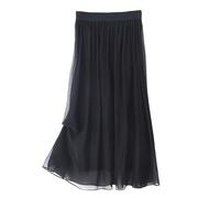 DISSA Damen Seidenrock Midi Elastischer Bund Uni,S2010 | 100% Seide,Plissierte Silhouette,fließender A-Linien-Saum,leichtes Gewebe,weicher Fall,wadenlang,für Stadtausflug