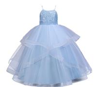 DISSA Mädchen Ärmelloses Träger Pailletten Tüll Ballonkleid,Blau,140