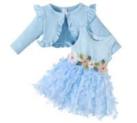 DivingBirds Baby Mädchen Kleid und Strickjacke 2pcs Set Floral Print Schmetterling Tüll Kleider Kleinkind Langarm Waffel Mantel Kleidung für Mädchen 6-9 Monate Blau Schmetterling