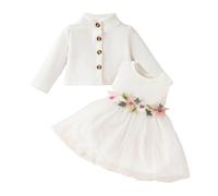 DivingBirds Baby Mädchen Kleid und Strickjacke 2pcs Set Floral Print Schmetterling Tüll Kleider Kleinkind Langarm Waffel Mantel Kleidung für Mädchen 18-24 Monate Weiß