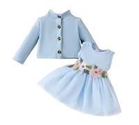 DivingBirds Baby Mädchen Kleid und Strickjacke 2pcs Set Floral Print Schmetterling Tüll Kleider Kleinkind Langarm Waffel Mantel Kleidung für Mädchen 2-3 Jahre Blau
