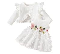 DivingBirds Baby Mädchen Kleid und Strickjacke 2pcs Set Floral Print Schmetterling Tüll Kleider Kleinkind Langarm Waffel Mantel Kleidung für Mädchen 9-12 Monate Weiß Schmetterling