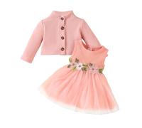DivingBirds Baby Mädchen Kleid und Strickjacke 2pcs Set Floral Print Schmetterling Tüll Kleider Kleinkind Langarm Waffel Mantel Kleidung für Mädchen 9-12 Monate Rosa