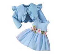 DivingBirds Baby Mädchen Kleid und Strickjacke 2pcs Set Kleinkind ärmellose Blumen Print Schmetterling Party Tüll Kleider Ruffle Langarm Mantel Herbst Winter Casual Kleidung für 6-9 Monate Blau