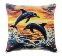 DIY Stickkissen Set, Delfine im Ozean Kreuzstichkissen Zum Dekorieren 45X45cm Kissenbezug Zum Sticken Kreuzstich Kreuzstich Kissen zum Basteln Stickkissen Stickpackung